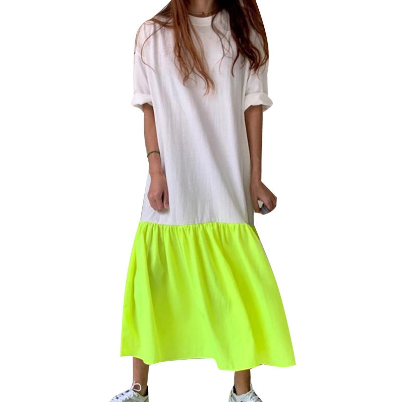 Patchwork Hit Color Dress Women O Neck Half Sleeve Oversize Casual Midi Dresses 2024