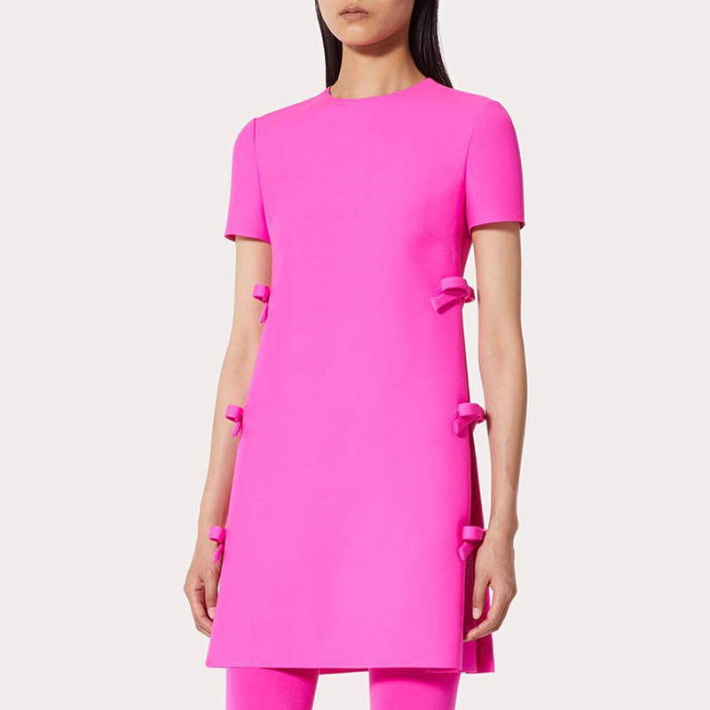 Round Neck Short Sleeve High Waist Loose A Line Lady Elegant Women Mini Dresses