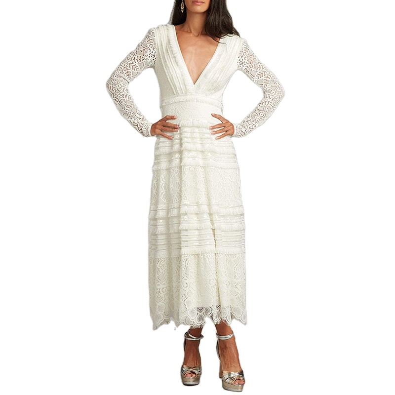 New Style Lace Panel Splieced Layered Hollow Out Embroidered Women’S Dresses