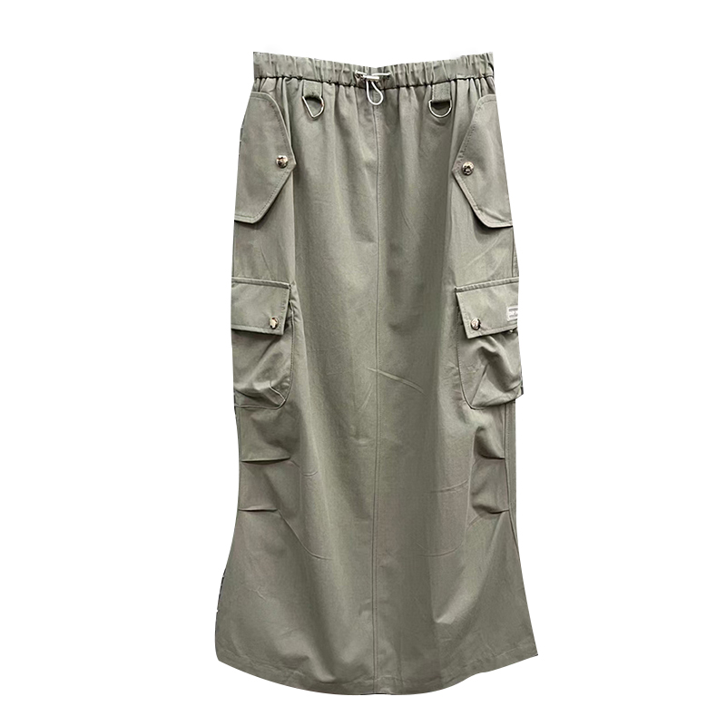 Fashion Splicing Pocket Solid Color High Waist A Line Midi Women Cargo Skirt