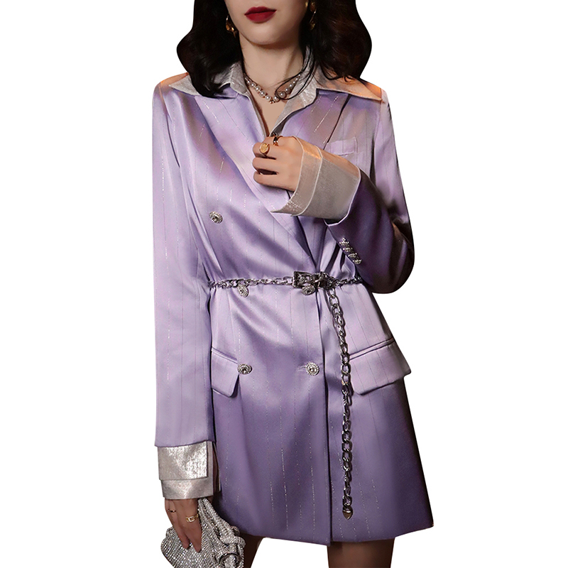 Fashion Notched Collar Metal Chain Sashes Patchwork Pockets Long Sleeve Mini Dress For Women