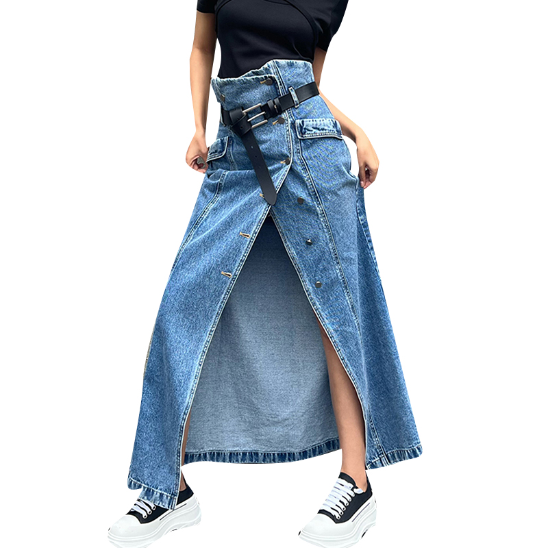 High Waist Split A Line Solid Color Patchwork Belt Denim Skirts For Women