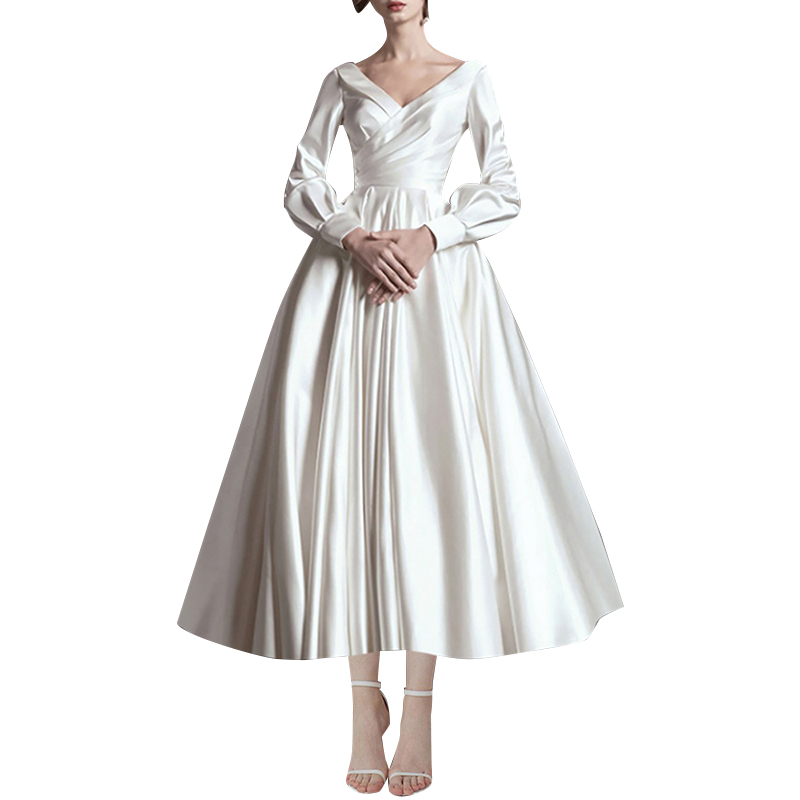 Fashion V Neck Long Sleeve High Waist Elegant Long White Dresses For Woman
