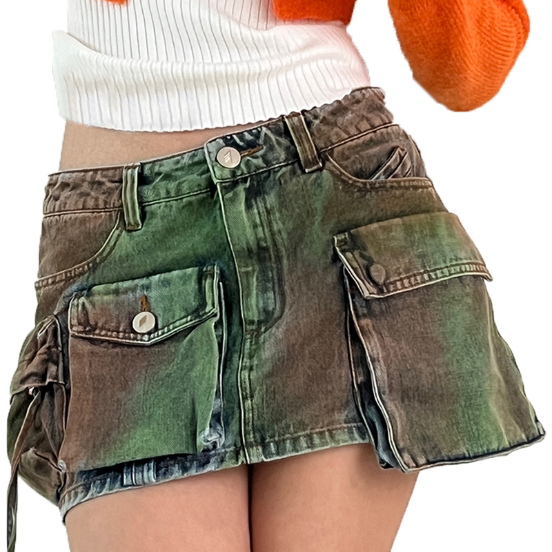 High Waist Patchwork Pockets A Line Hit Color Denim Skirts For Women Ladies