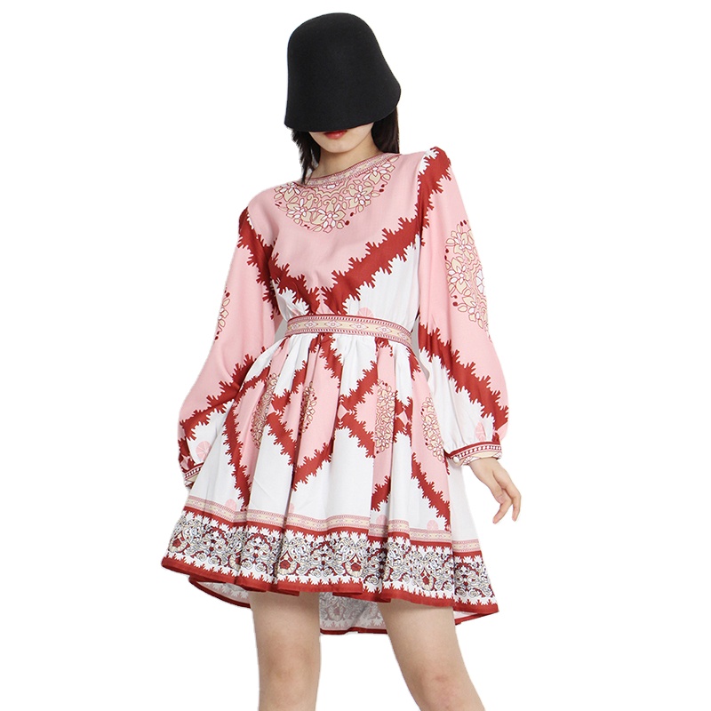 Casual Round Neck Long Puff Sleeve Patchwork Bowknot High Waist Women Dress 2024