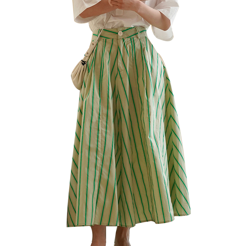 High Waist Hit Color Striped A Line Elegant Skirts For Women Green 2024