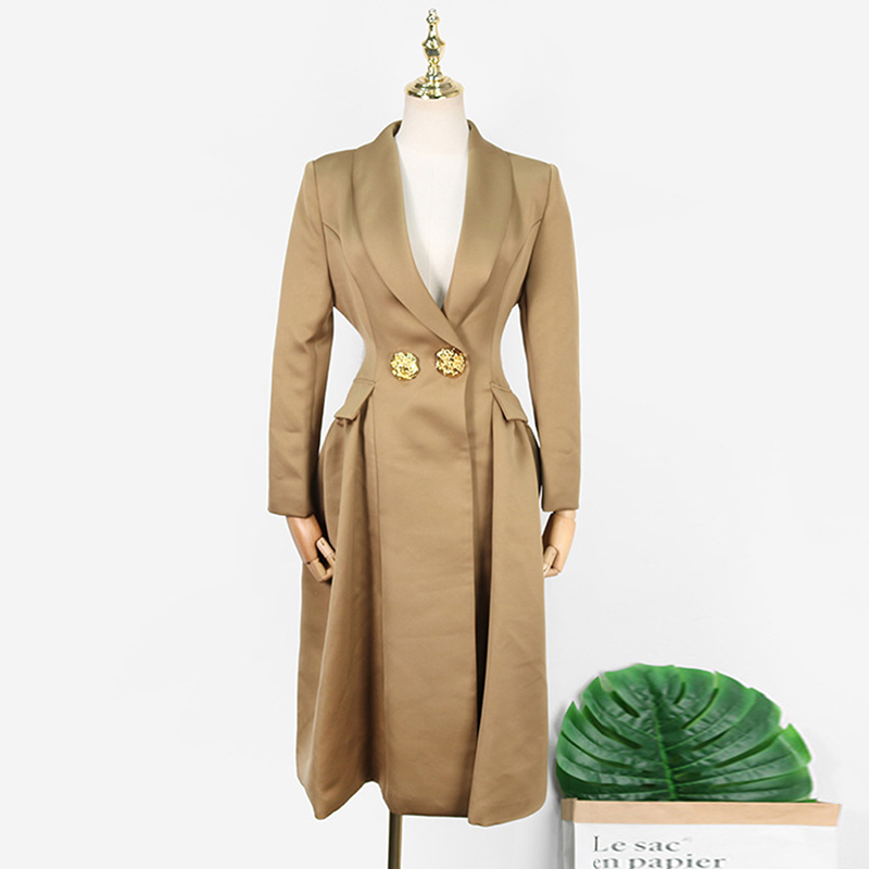 Temperament Notched Collar Patchwork Pockets Button Gather Waist Women Dress