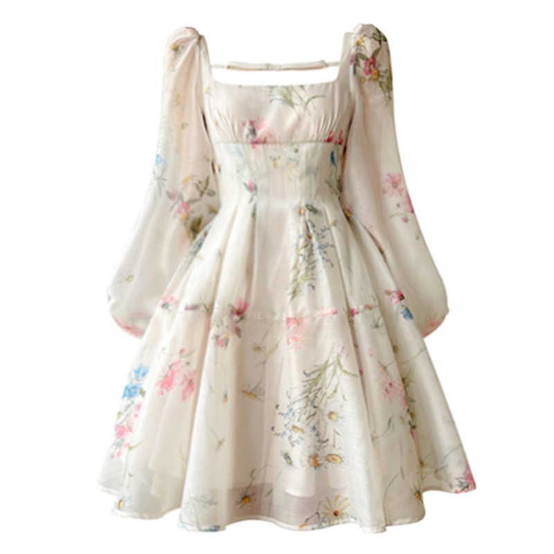 Square Collar Long Sleeve High Waist Folds Floral Casual Dresses Women Mini Dress