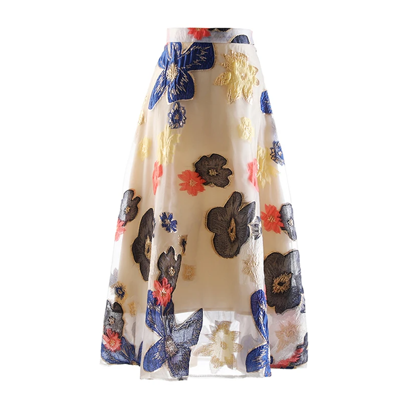 Vintage Embroidery Colorblock Skirt For Women High Waist Loose Midi Skirts Female