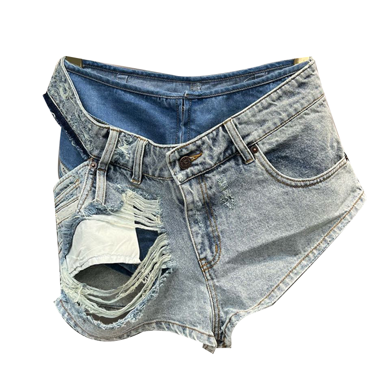Blue Hole Hollow Out Patchwork Pockets Solid Folds Denim Womens Jean Shorts