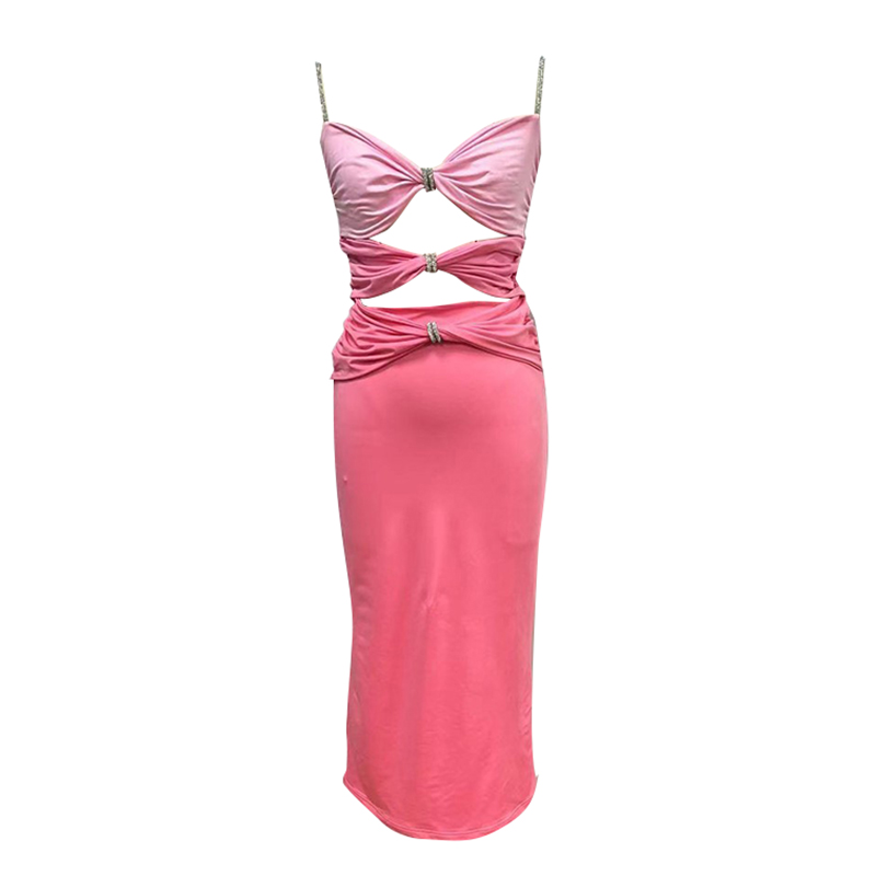 Fashion Square Collar Sleeveless High Waist Hollow Out Dresses Hot Pink Dress