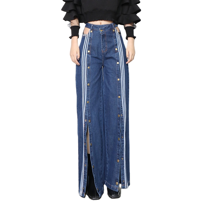 High Waist Split Side Patchwork Colorblock Loose Denim Women Pants Trousers Lady Jeans