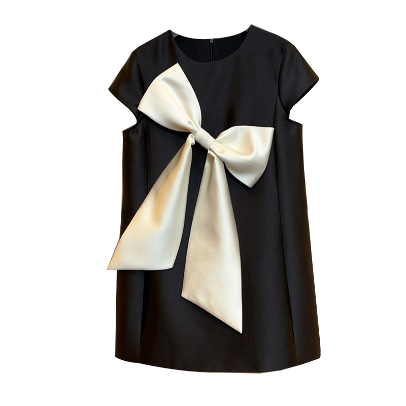 Round Neck Sleeveless High Waist Patchwork Bow Hit Color Ladies Women’S Dresses