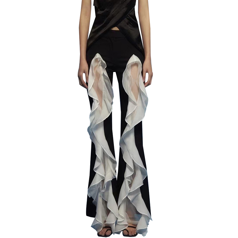 Hit Color Wide Leg High Waist Patchwork Mesh Summer Women’S Pants Trousers