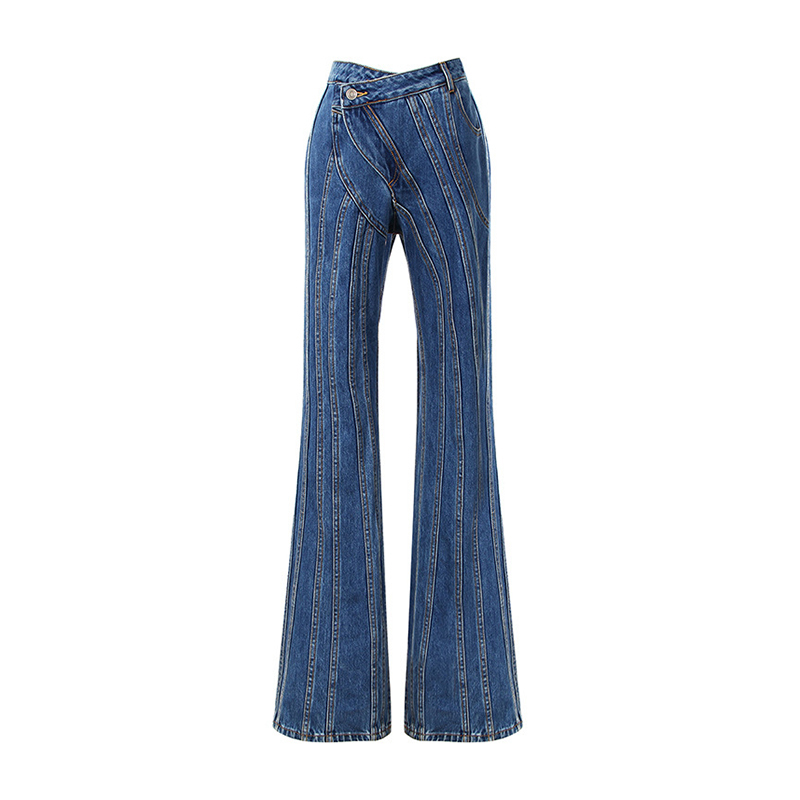 Streetwear Casual Striped Asymmetrical Flare Leg Solid Wide Denim Pants