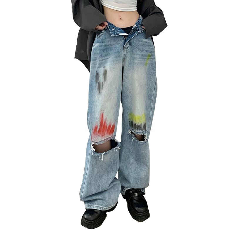 Spliced Pockets Oversize Colorblock 2024 High Waist Denim Jeans For Women