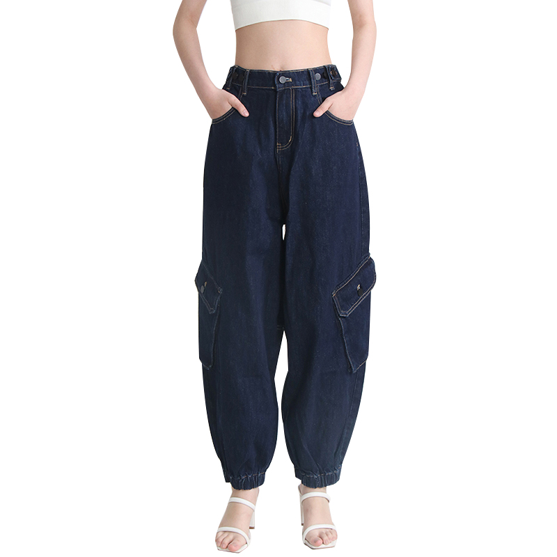 New Solid Color Deepblue High Waist Multiple Pockets Ladies Woman Denim Jeans Pants