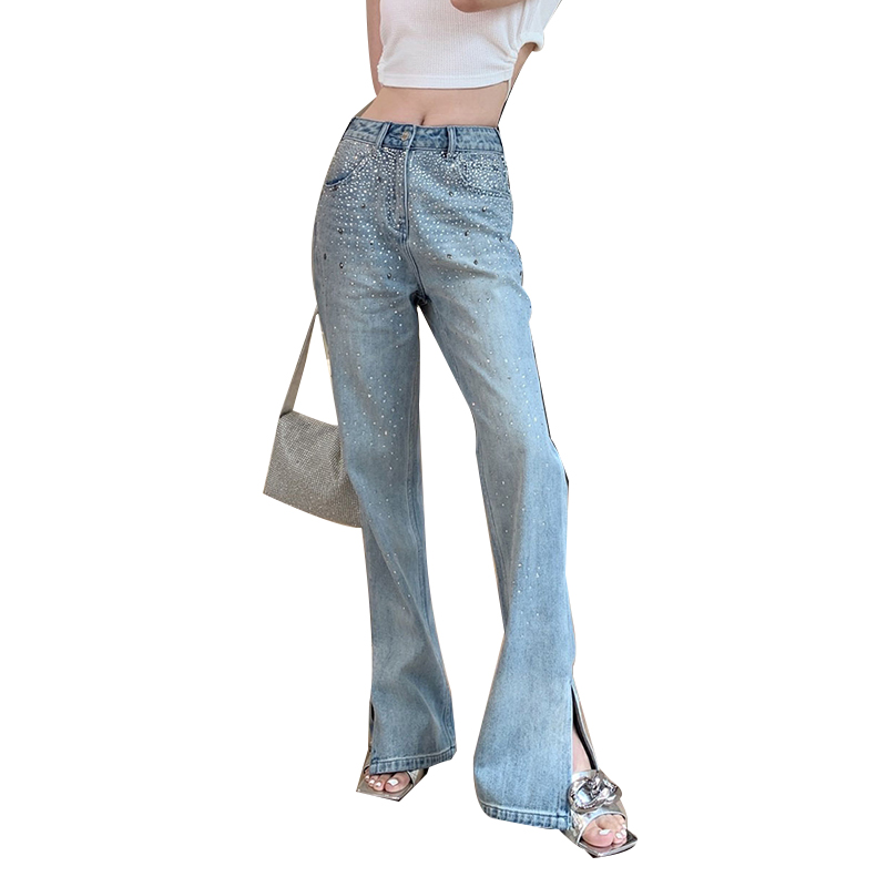 Diamond Decoration High Waist Patchwork Women Pants Trousers Lady Jeans