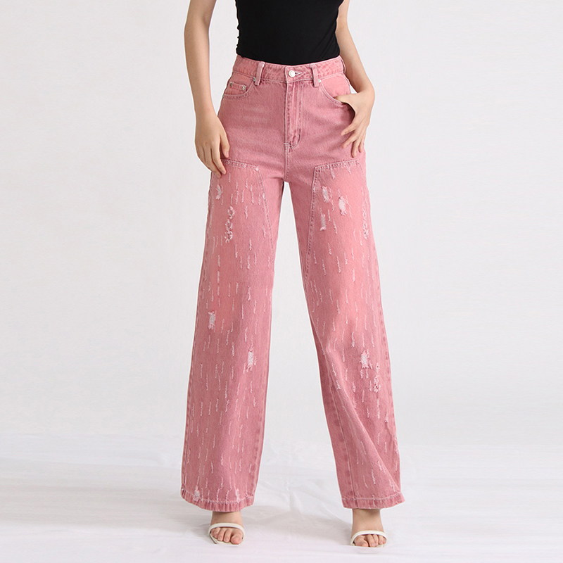 Fashion High Waist Patchwork Pockets Denim Pink Jeans Trousers For Women