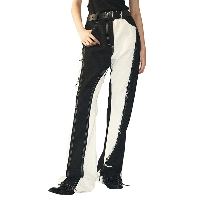 Women Jeans Denim Irregular Patchwork Raw Edge Hit Color Pants For Ladies 2024