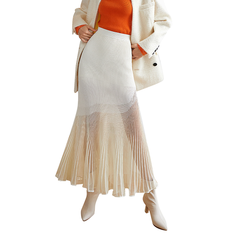 Patchwork Sheer Mesh High Waist A Line Solid Color Midi Women Long Skirts