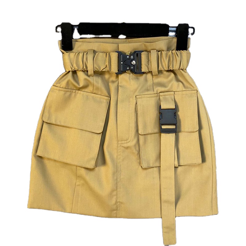 Solid Color High Waist Belt Pocket Decoration Mini Skirts For Women 2024