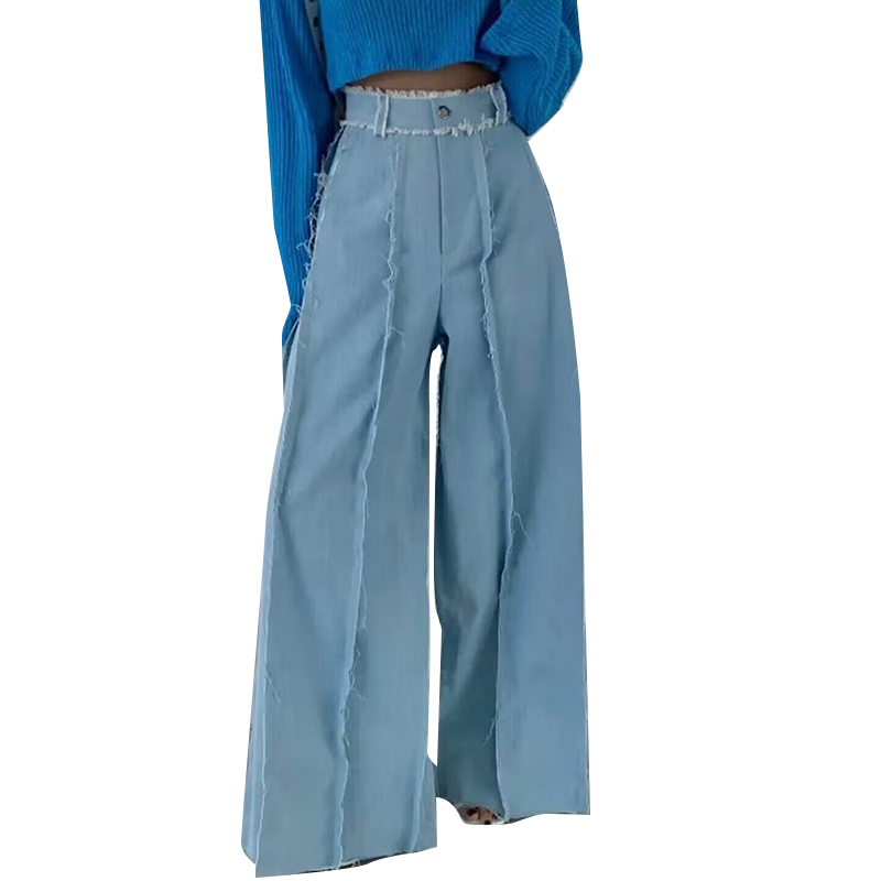 Spliced Pockets Raw Edge Single Button High Waist Wide Leg Loose Women Denim