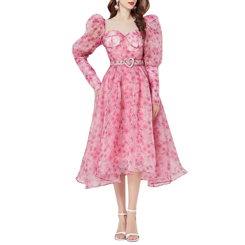 Square Collar Puff Long Sleeve Patchwork Belt Hit Color Print Midi Women Cotton Pink Dress
