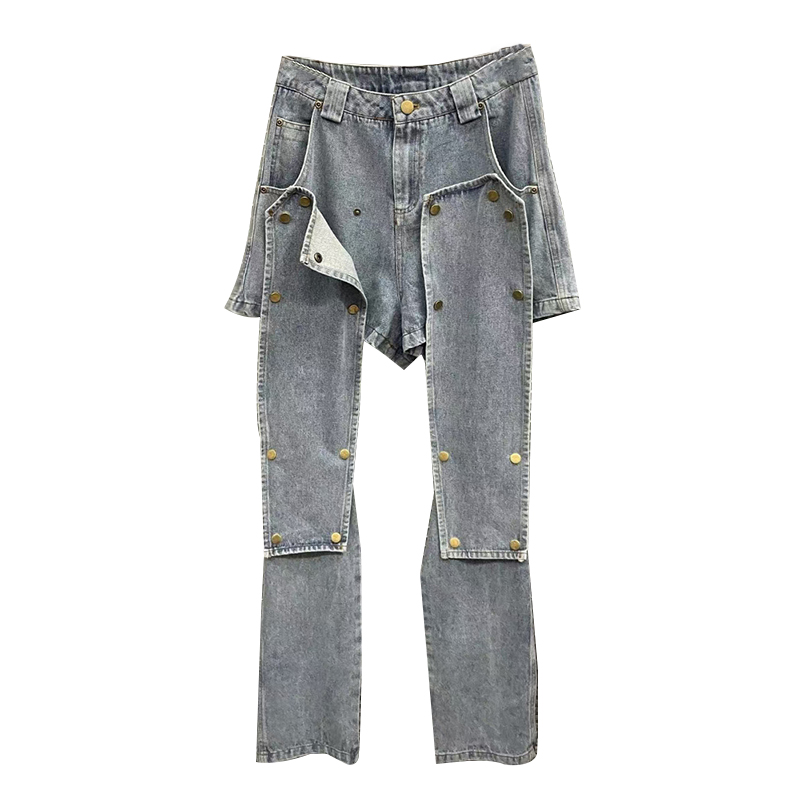 Hot Sale Denim Solid Color High Waist Patchwork Button Women’s Pants Lady Jeans