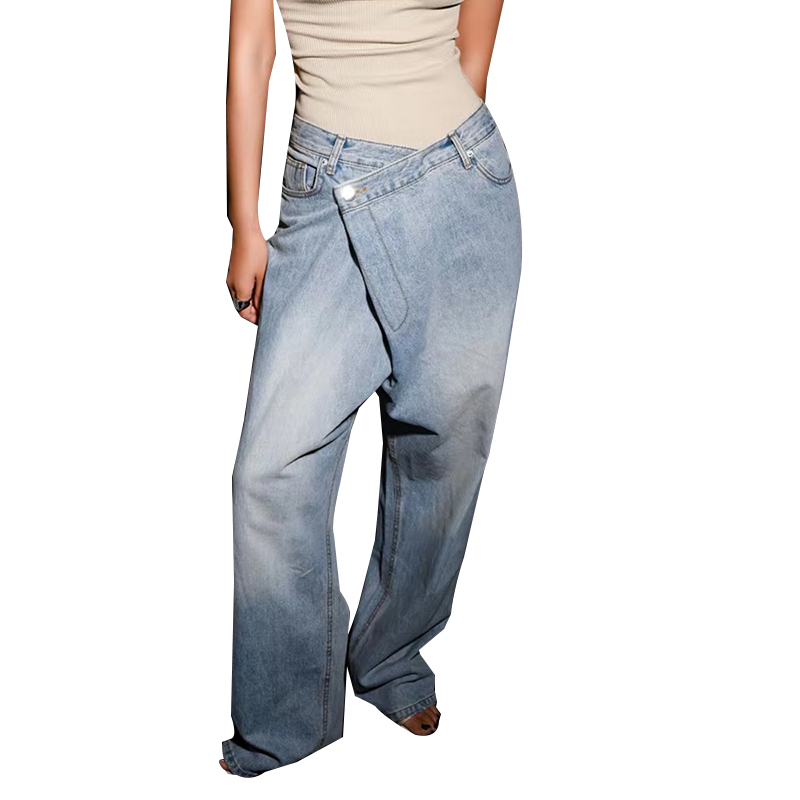 New Design Cross Over Wrapped Detail Wide Leg Ladies Denim Pant Lady Jeans