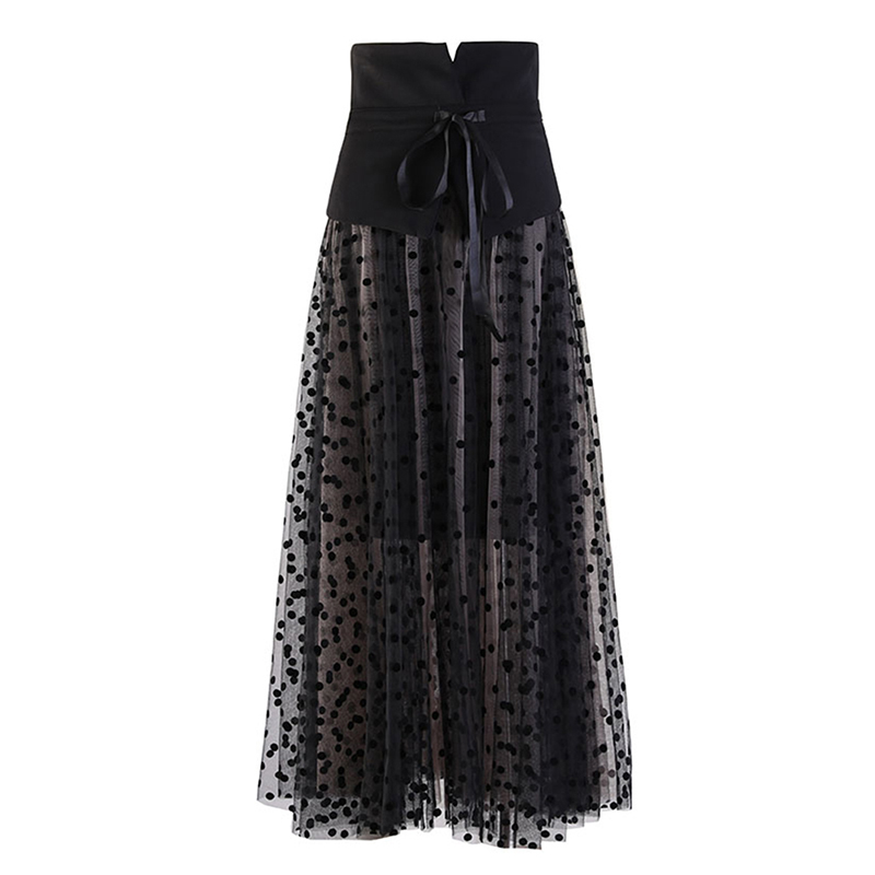 High Waist Patchwork Belt Lace Up Dots Mesh Long Skirts For Women Elegant