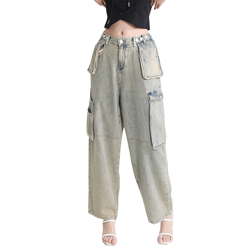 New Style Solid Color Spliced Pocket High Waist Woman Denim Pants Lady Jeans