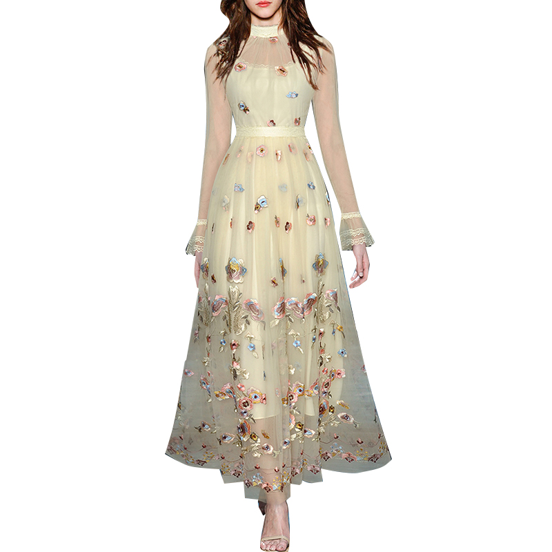 Spliced Sheer Mesh Lace Embroidered Stand Collar Dresses Women Lady Elegant