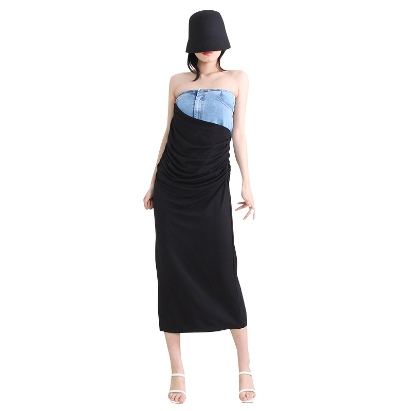 Popular Skirt Long Style Hit Color High Waist Folds Ladies Denim Skirts