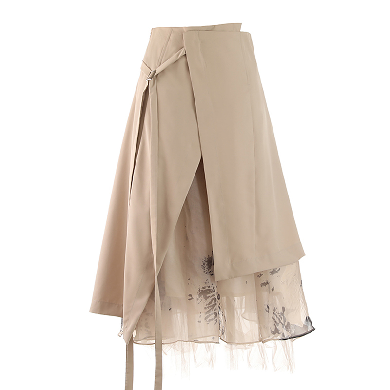 Patchwork Lace Up A Line Asymmetrical Hem Streetwear High Waist Long Pencil Skirt