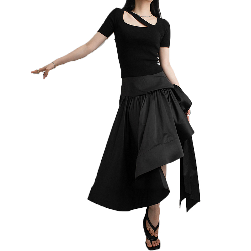 Fashion Solid Color High Waist Asymmetrical Black Long Skirts For Women