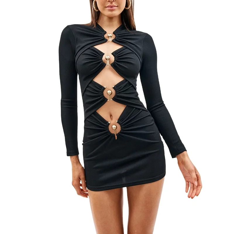 Summer Dress Hollow Out Spliced Buttons Slimming Bodycon Women Lady Sexy Ladies Dresses
