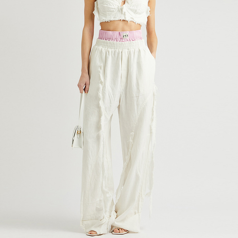 New Style Hit Color Patchwork High Waist Wide Leg Linen Pants White For Women