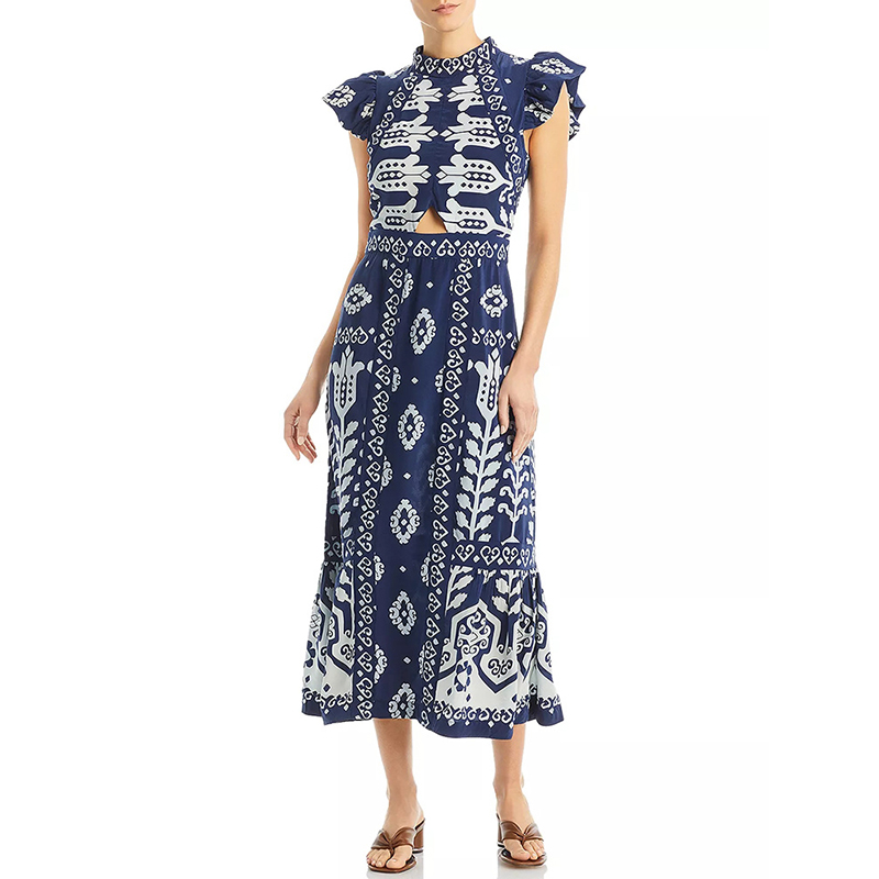 Stand Collar Flying Sleeve High Waist Folds Hollow Out Slim Hit Color Cotton Print Floral Dresses Ladies Long Dress