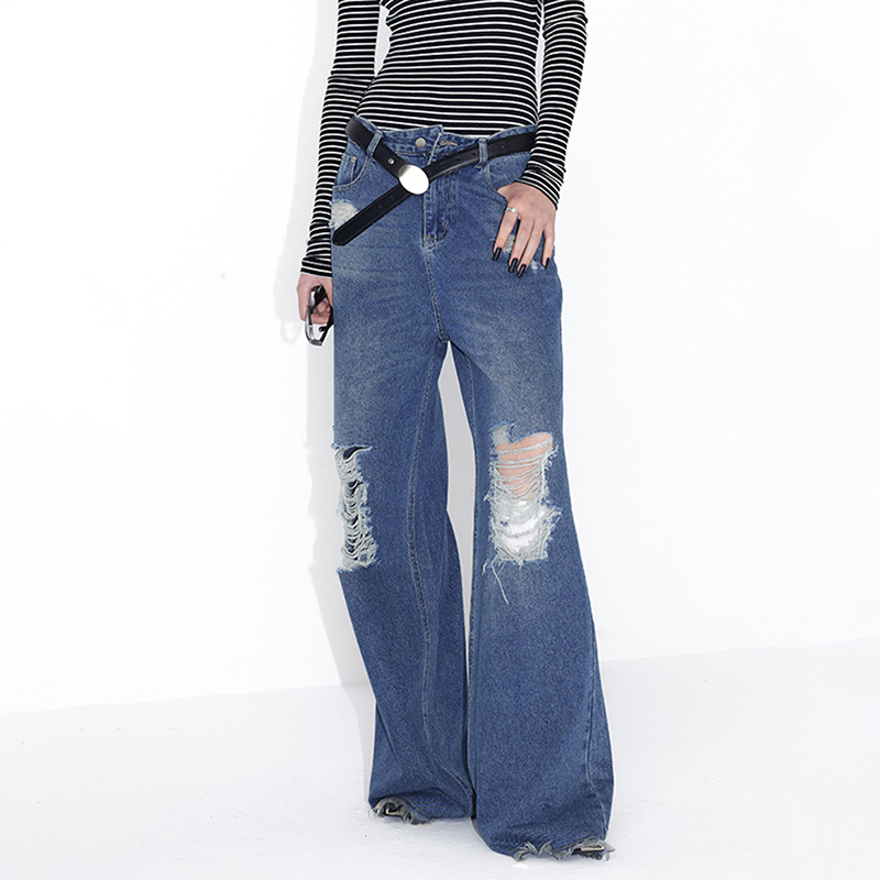 Fashion High Waist Patchwork Button 2024 Denim Wide Leg Jeans For Women