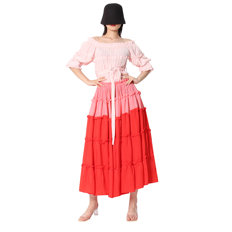 Slash Neck Half Sleeve High Waist Colorblock Loose Midi Women Summer Red Long Dress