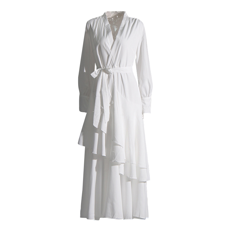 Casual V Neck Long Sleeve High Waist Long Sleeve Dresses Women Long Dress