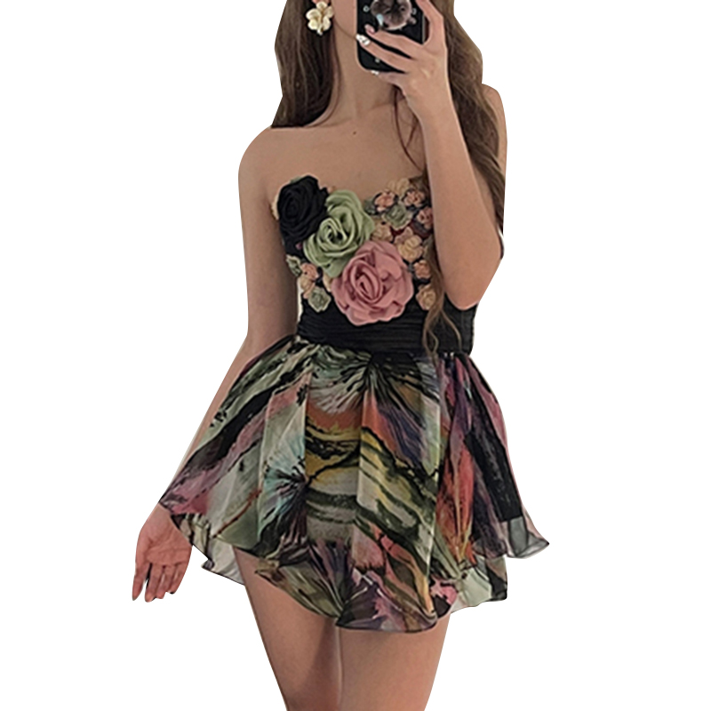 Fashion Strapless Sleeveless High Waist Spliced Floral Mini Dress Women