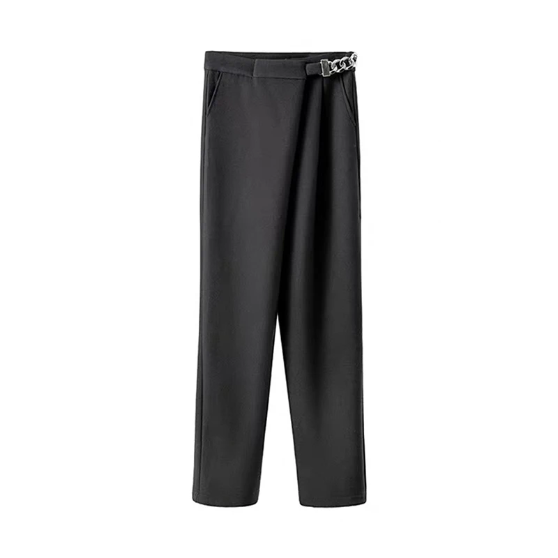 High Quality Solid Color Patchwork Chain Trousers Women Black Pants