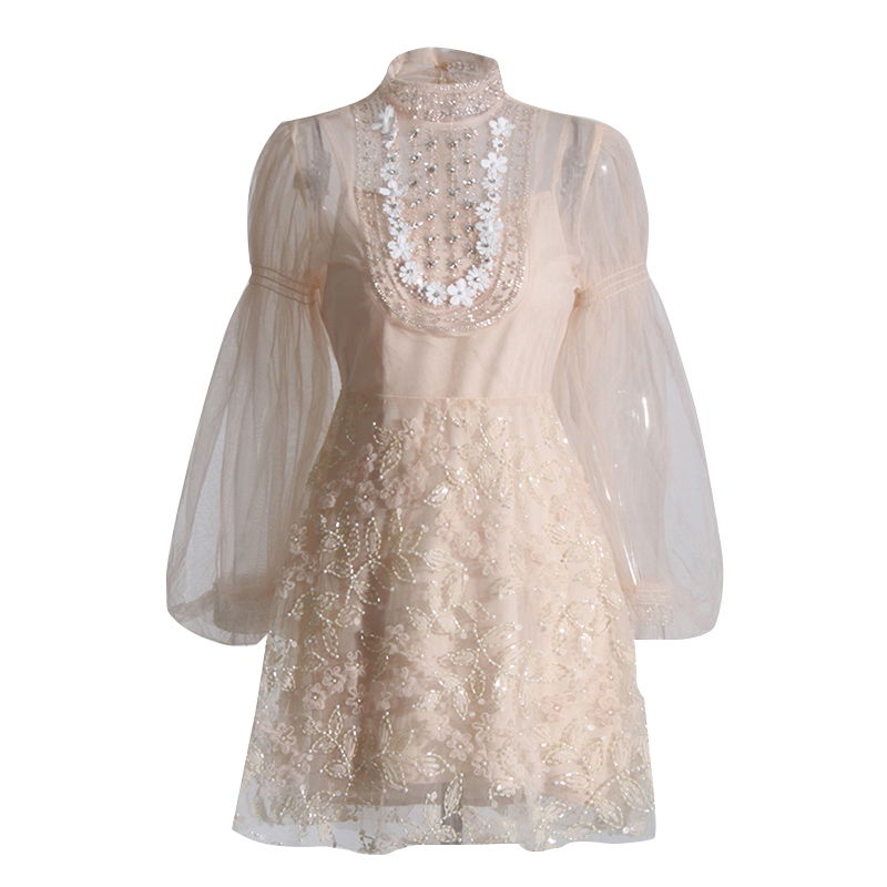 Sweet Long Sleeve Stand Collar Elegant Summer Lady Dress Women Mini Dresses