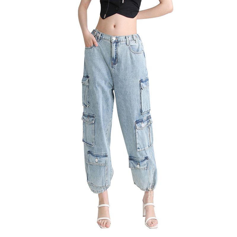 2024 Spring Spliced Drawstring Spliced Pockets Woman Denim Pants Lady Jeans
