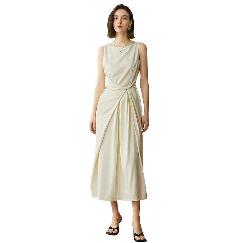 Casual Round Neck Sleeveless High Waist Solid Color White Dress For Women