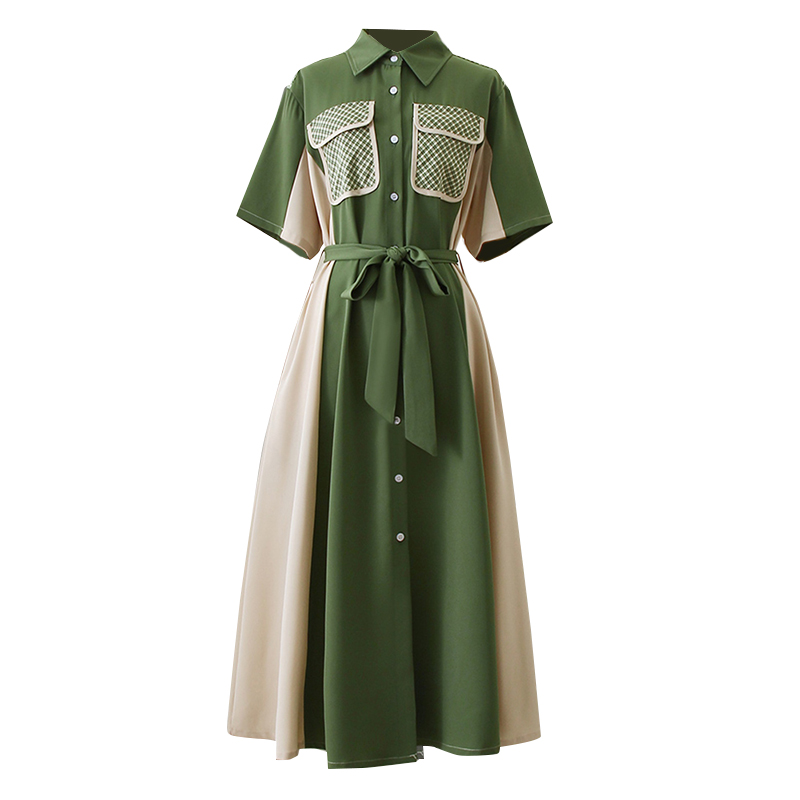Elegant Lady Short Sleeve High Waist Spliced Pockets Women Long Dresses Green Dress