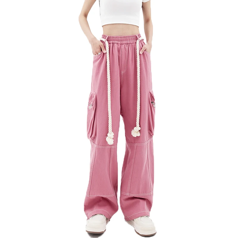 Patchwork Drawstring Trouser Spliced Pocket Wide Leg High Waist Women Pants 2024