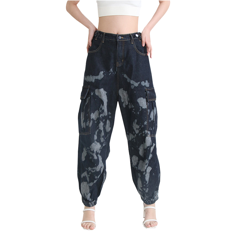Spring New Style Tie-dyed Big Pocket Denim High Waist Loose Linen Cotton Women Pants Trousers